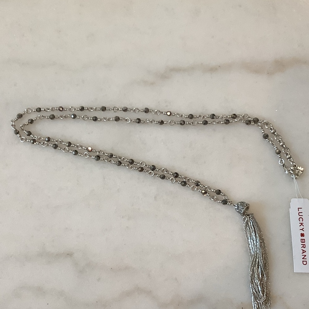 Lucky Brand Silver Tassel Beaded Necklace, Brand New